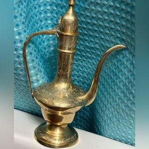 Vintage Brass Ewer Pitcher 9” – Engraved Middle Eastern Boho Decor